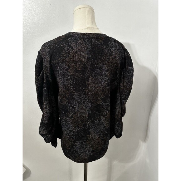 Zara Trafaluc S/S 18 Black Metallic Floral Print Puff Sleeve Top Womens Blouse - Picture 6 of 12